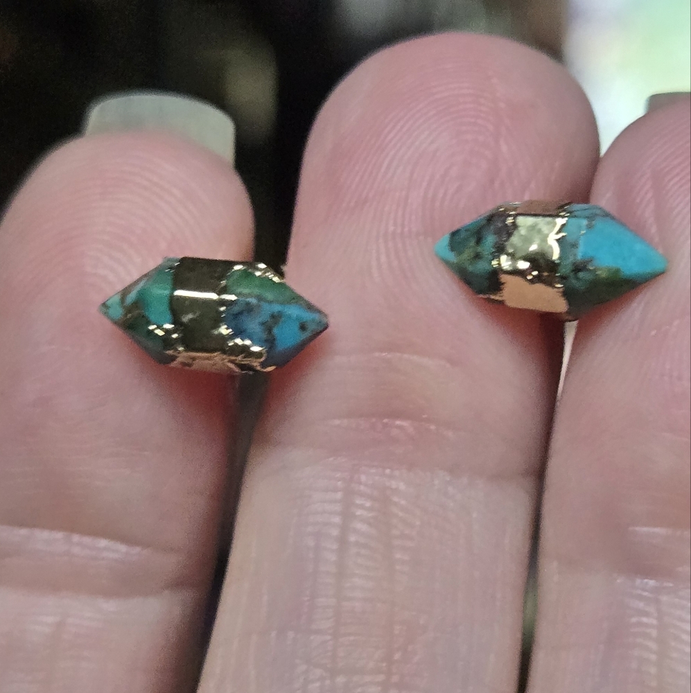 Turquoise natural crystal gemstone sterling & gold earrings - Picture 2 of 6